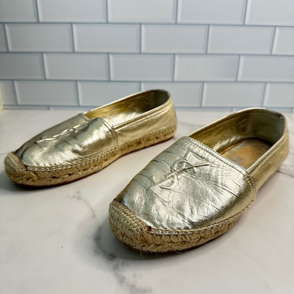 Saint Laurent Metallic Lambskin Monogram Espadrilles Platino